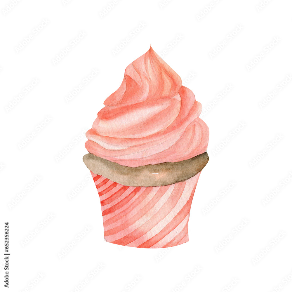 Watercolor pink cupcake with whipped cream. Hand drawn sweet food ...