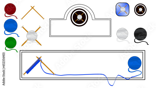 Knitting icons and logo, balls of yarn, knitting needles