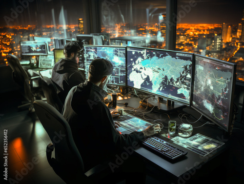 Intriguing surveillance command center in a bustling metropolis, stirring emotions of power and control. A must-have for illustrating urban safety.