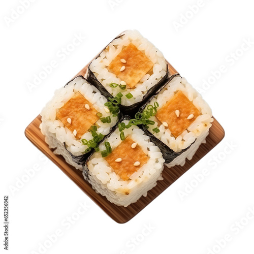 Top view of Korean food Yubuchobap Tofu Sushi isolated on a white transparent background
