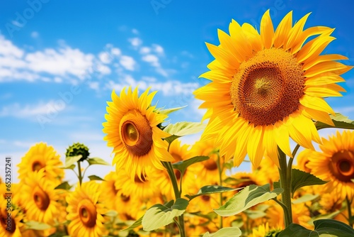 Blooming, summer, yellow petals of flowers against the blue sky. Close-up.