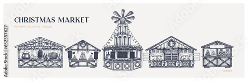Christmas market sketches set. Hand drawn vector illustration. European traditional winter holiday marketplace design elements. Wooden stall kiosk, candy shop, bakery, fast food, mulled wine drawings