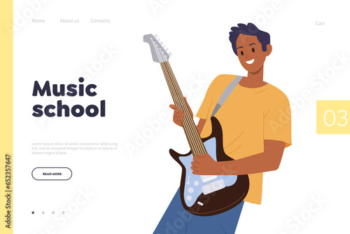 Music school landing page design template with happy teenager boy playing electronic bass guitar