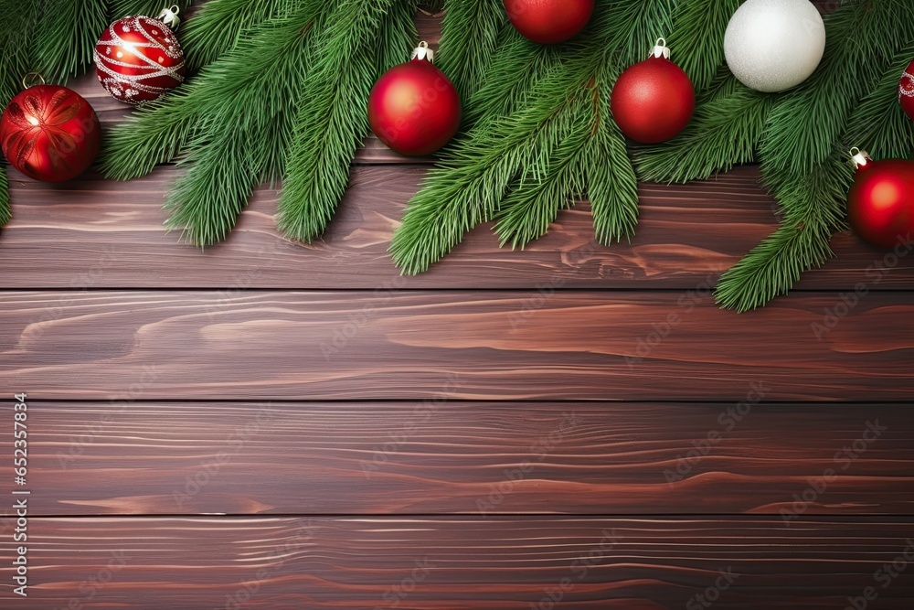 Fototapeta premium Elegant and festive Christmas decoration wallpaper adorned with a delightful array of holiday ornaments, twinkling lights, and seasonal greenery