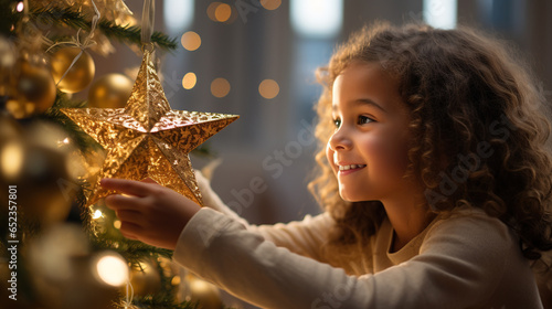 Curly-haired brunette girl placing a golden Christmas star on the Christmas tree with an excited and happy face.