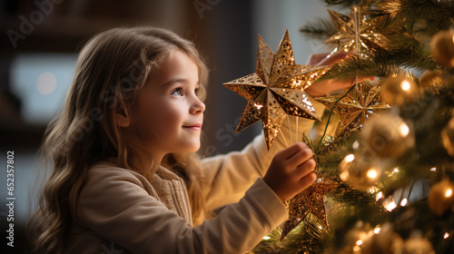 Christmas and decorations: 8-year-old blonde girl excitedly putting a golden star on the Christmas tree