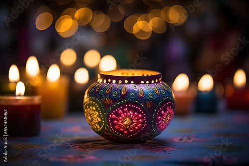 Diya lights lamps on multicolored rangoli.