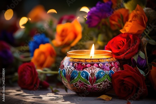 Candles with flowers for decoration on the day of the dead photo