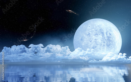 The blue full moon is refle...