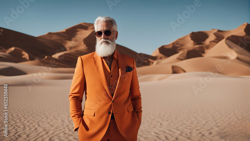 A high-fashion photo featuring an old bearded male model in orange outfit avant-garde trendy design. Desert landscape as a background.
