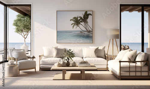 Coastal interior design for a modern living room featuring an elegant sofa, framed artwork, a table, and various accessories