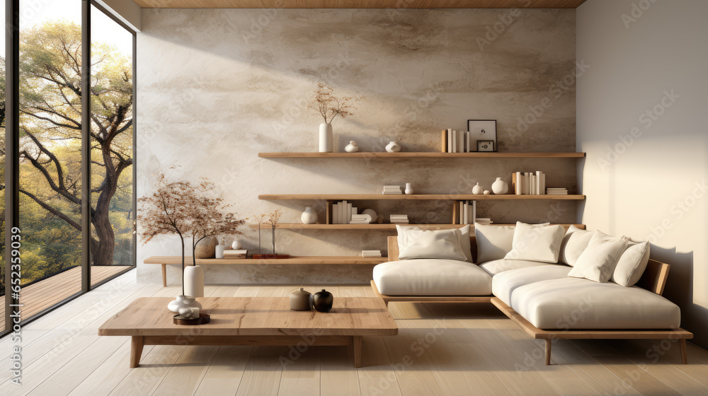 Fototapeta premium cozy and minimalistic Japandi - style living room interior