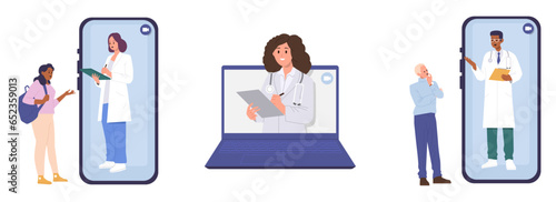 Diverse doctor consulting patient by internet isolated set, online medical service and telemedicine