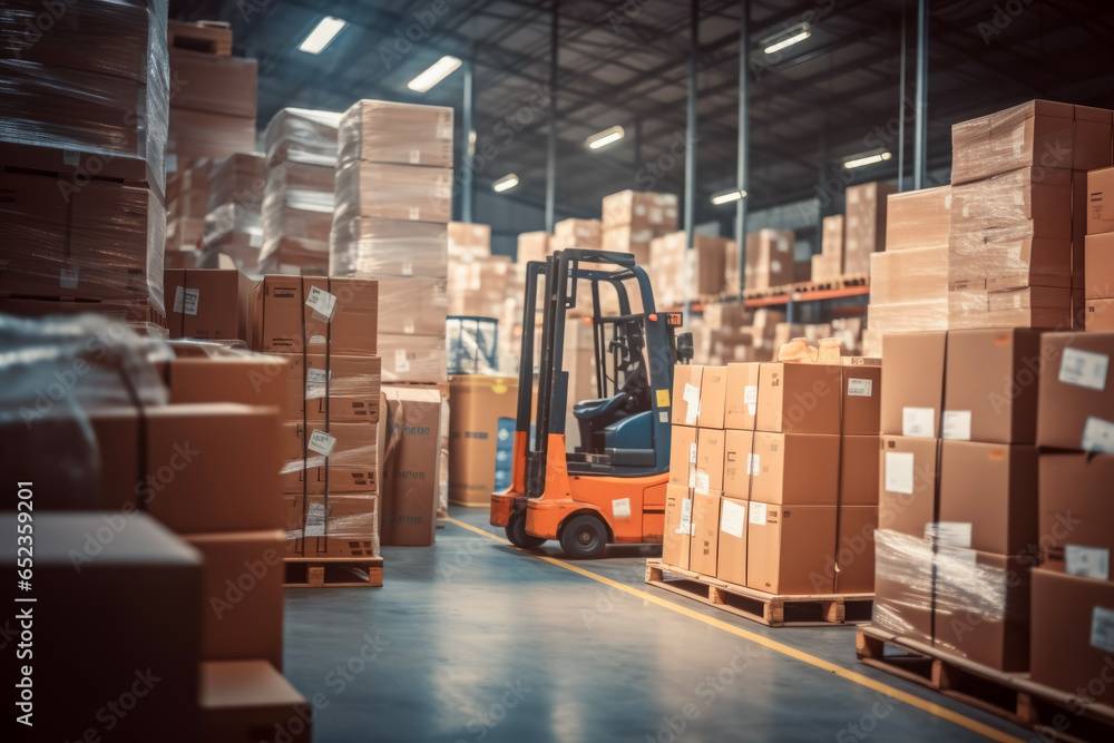 Cardboard and forklifts on cartons in background of retail  warehouse full of shelves with goods. Business concept of distribution and industry.