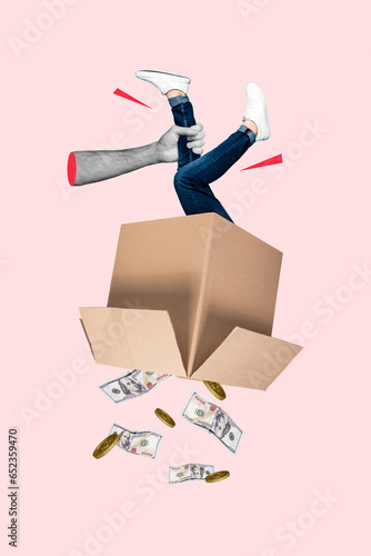 Cuadro en lienzo Vertical collage of black white colors arm hold mini person leg carton opened bo