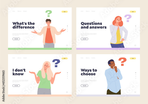 Isolated set of landing page design template with puzzled people character having question
