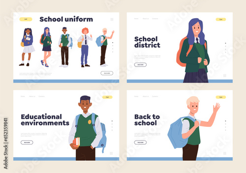 Back to school isolated set of landing page template offering online education, uniform for study