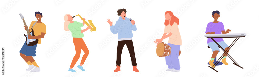 Isolated set of happy young people cartoon character playing various musical instrument in band