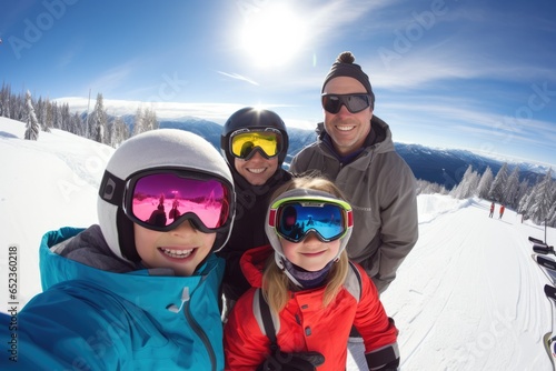 Family skiing and snowboarding