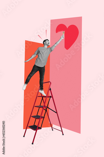 Vertical collage image of black white effect guy climb ladder hold brush paint heart symbol wall isolated on pink background