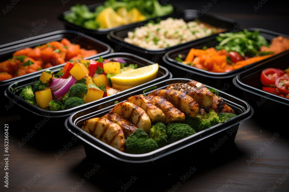 Obraz na płótnie Prepared food for healthy nutrition in lunch boxes. Catering service for balanced diet. Takeaway food delivery in restaurant. Containers with everyday meals w salonie