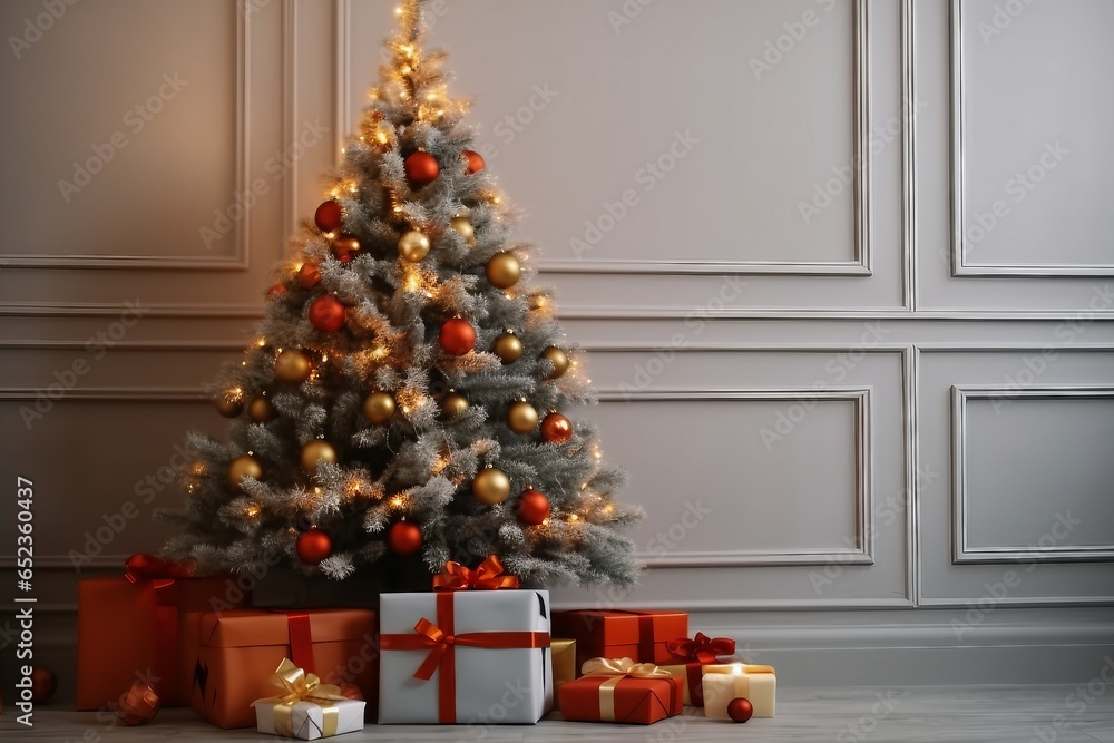 Beautiful Christmas tree and gift boxes in room. Space for text. generative ai.