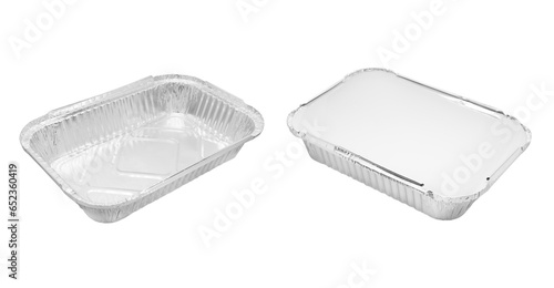 Foil baking dish closeup isolated on a white background. Empty disposable square aluminium foil baking dish isolated on white photo
