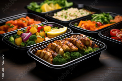 Fototapeta samoprzylepna Prepared food for healthy nutrition in lunch boxes. Catering service for balanced diet. Takeaway food delivery in restaurant. Containers with everyday meals
