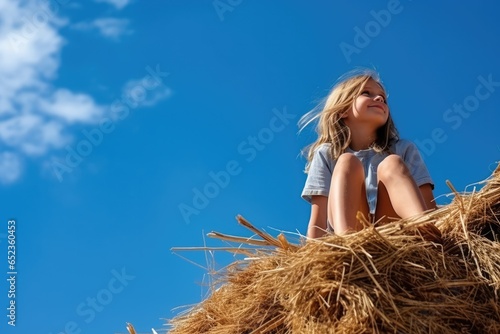 Girl sitting on a haystack on a background of blue sky.