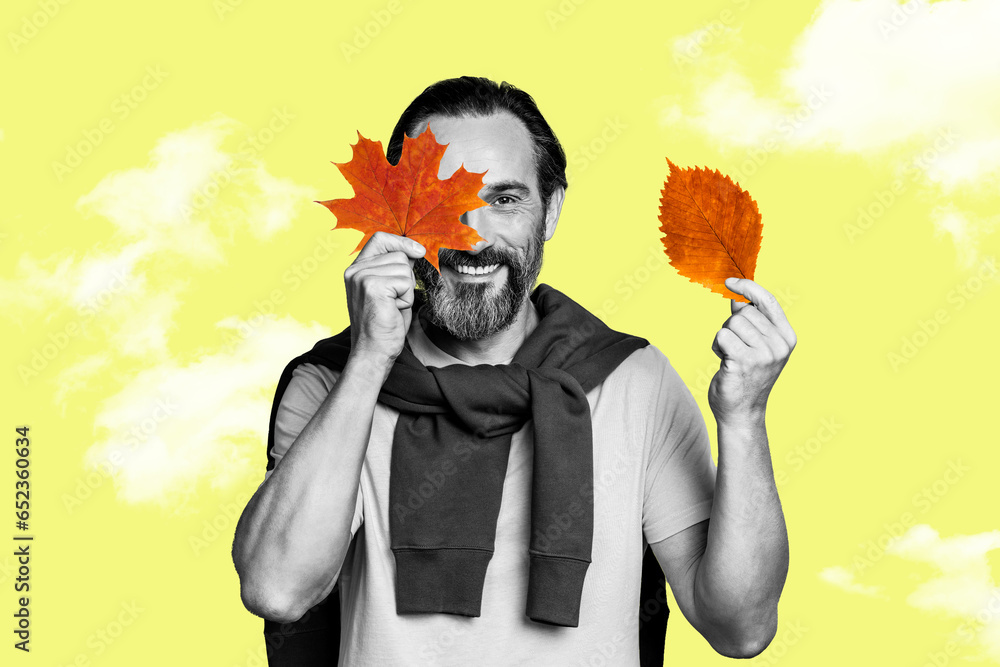 Φωτογραφία Collage picture of positive black white colors man hold fallen leaves cover one