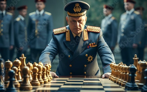 The chessboard and Russian thinks over the next move. Concept of military confrontation.