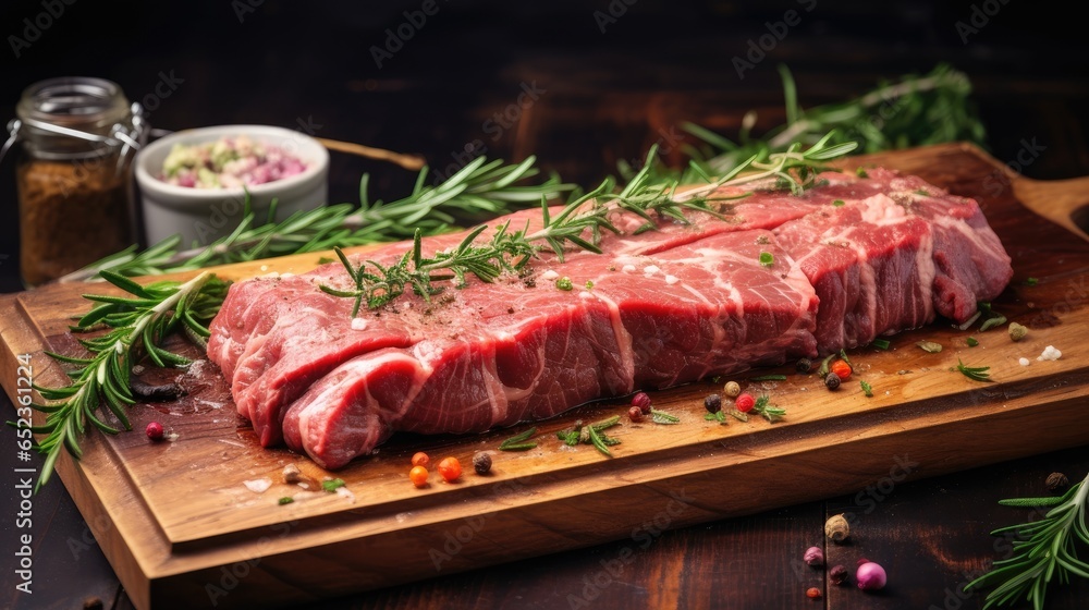 Raw whole tenderloin veal meat on a wooden tray with herbs.