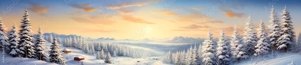 Christmas card beautiful panorama with a view of the winter forest at dawn. Generative Ai