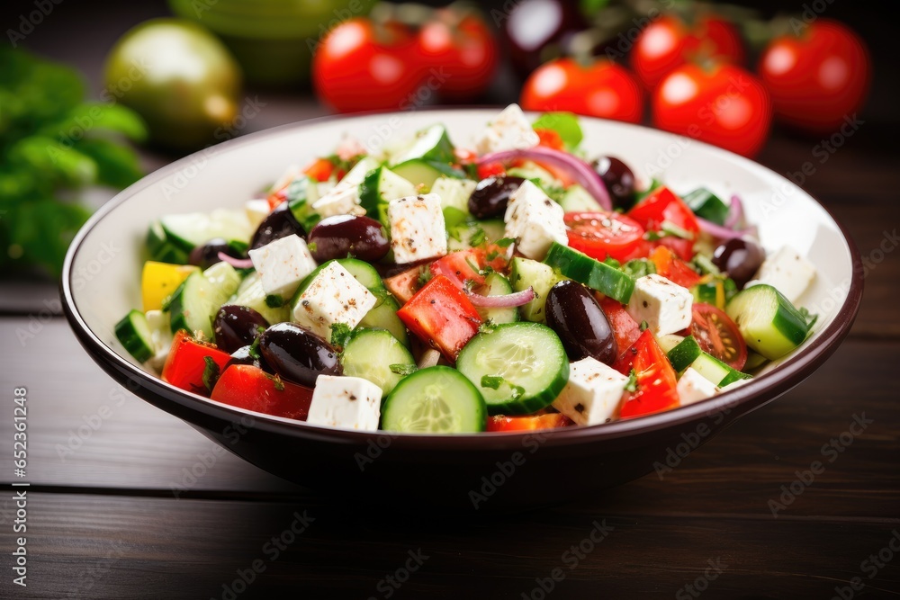 Greek salad with feta cheese, tomatoes, cucumbers, peppers and Kalamata olives. Healthy eating. Vegetarian food