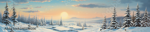 Winter forest at dawn beautiful panorama Christmas card. Generative Ai