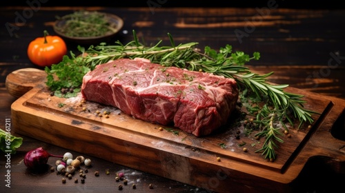 Raw whole tenderloin veal meat on a wooden tray with herbs.