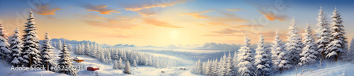 Christmas card beautiful panorama with a view of the winter forest at dawn. Generative Ai