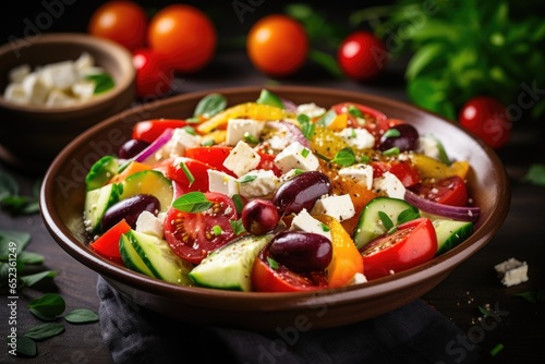 Greek salad with feta cheese, tomatoes, cucumbers, peppers and Kalamata olives. Healthy eating. Vegetarian food