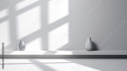Grey background for product presentation with shadow and light from windows. Generative AI