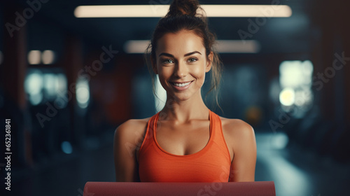 woman holding yoga mat in the gym