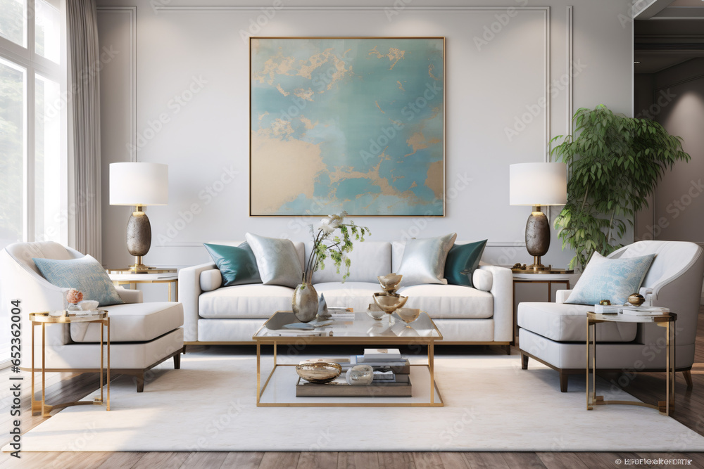 Fototapeta premium Coastal interior design for a modern living room featuring an elegant sofa, framed artwork, a table, and various accessories