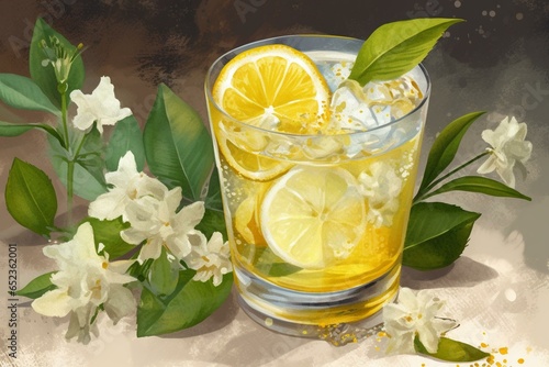 An illustration of a refreshing cocktail with elderflower and lemon slices. Generative AI