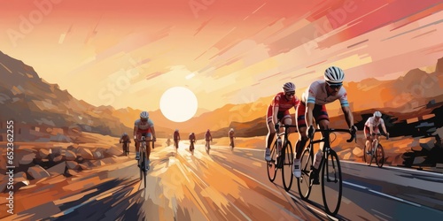 A group of cyclists at sunset