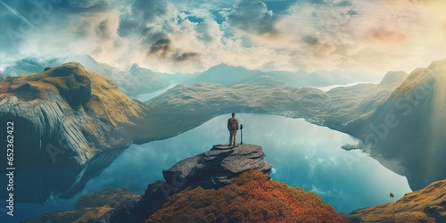 Young man traveling alone with mountains background standing on mountain peak, outdoor traveling lifestyle concept.