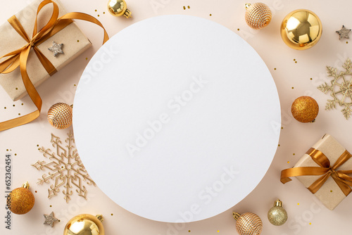 Fotografie Embrace New Year with elegance! Top view gift boxes with satin bows, chic tree o