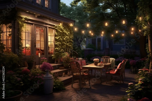 A charming dwelling featuring a patio encircling the home, adorned with hanging lights, set against a backdrop of abundant sunshine. Generative AI