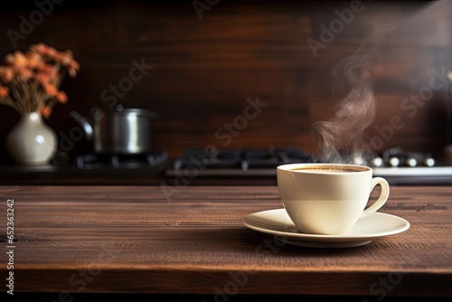 Steamy espresso in vintage coffee cup. Aromatic awakening. Enjoying fresh brew in rustic ambiance. Hot cups of cappuccino on wooden table