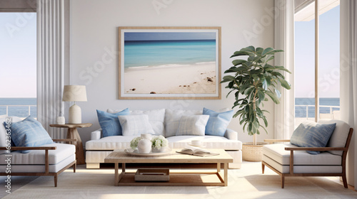 Coastal interior design for a modern living room featuring an elegant sofa, framed artwork, a table, and various accessories