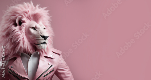 Pink Lion as a heavy-metal punk rock heavy metal wearing a leather jacket. Generative AI.