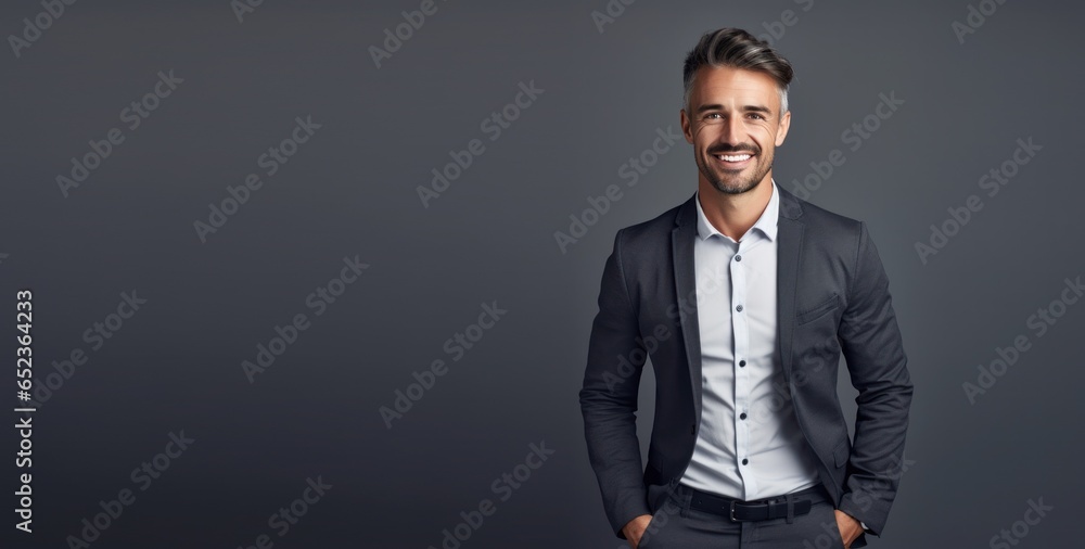 Fototapeta premium portrait of smiling male businessman entrepreneur with hands in pockets on grey background, advertising promotion banner